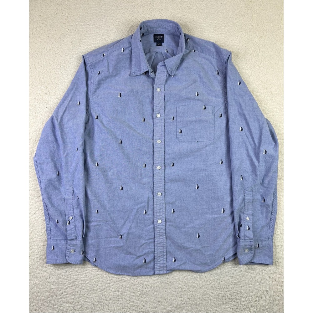 J.Crew Flex Mens Large Blue Nautical Sailboat Cotton Button Up Shirt H4727